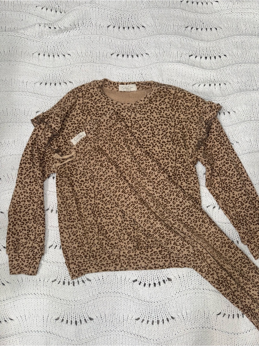 Jessica Simpson Tan and Dark Brown Leopard Ruffle Shoulder Sweater with leggings